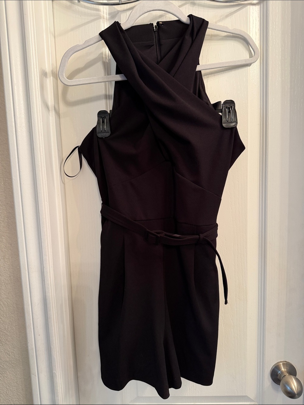 White House Black Market Black Sleeveless Cross-Front Mini Romper with Waist Tie
